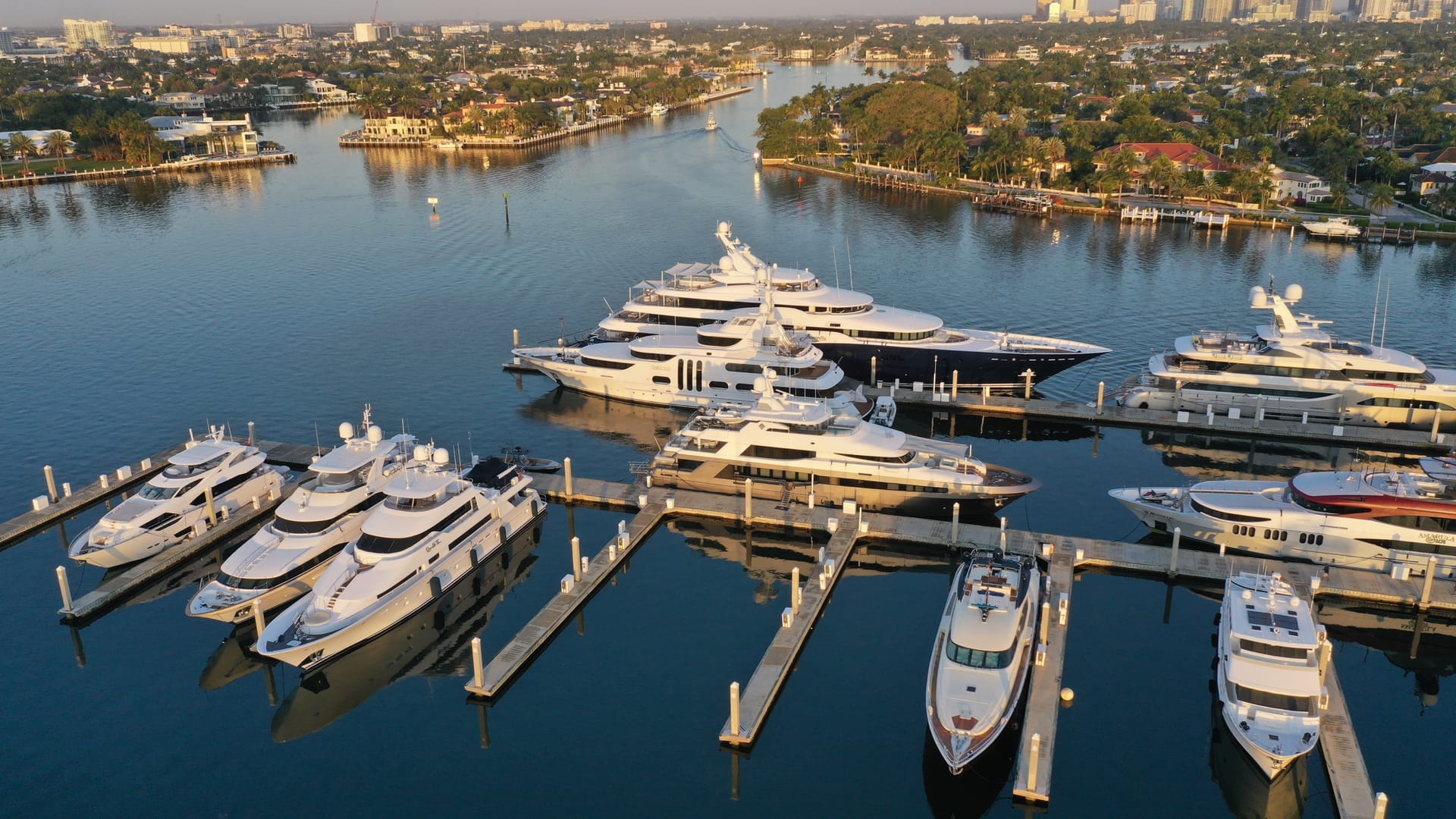 Fort Lauderdale's yacht basin from the air at golden hour