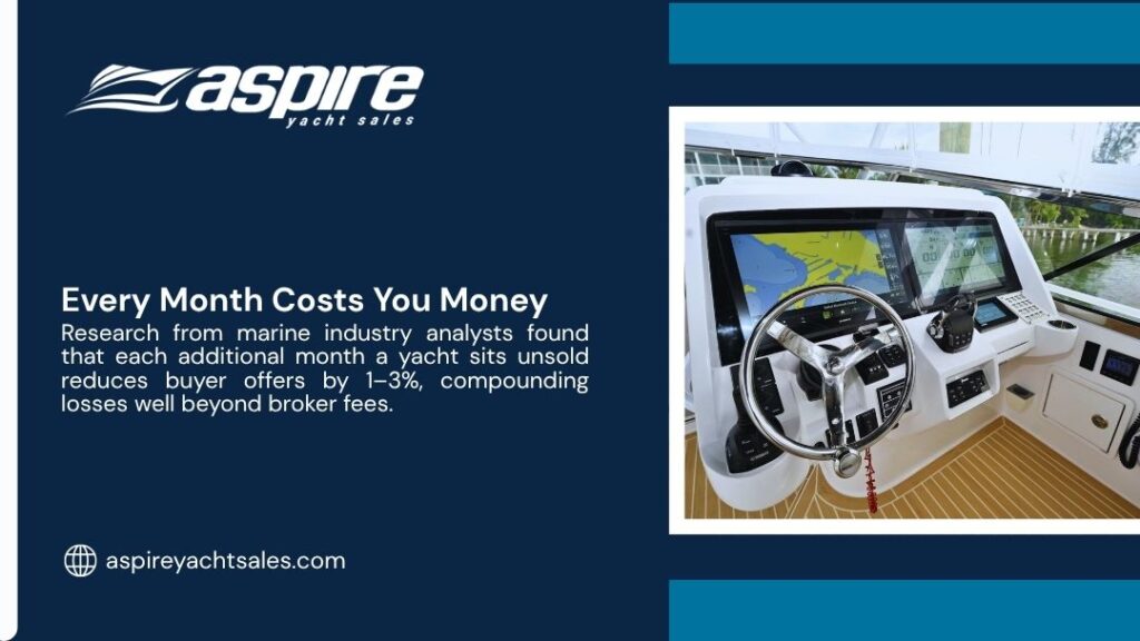 Luxury yacht helm with navigation screens and steering wheel, reinforcing that every month an unsold yacht sits costs the seller money.