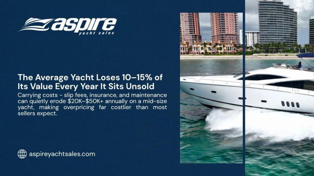 Luxury yacht speeding along a waterfront skyline, illustrating how the average yacht loses 10–15% of its value every year it sits unsold.