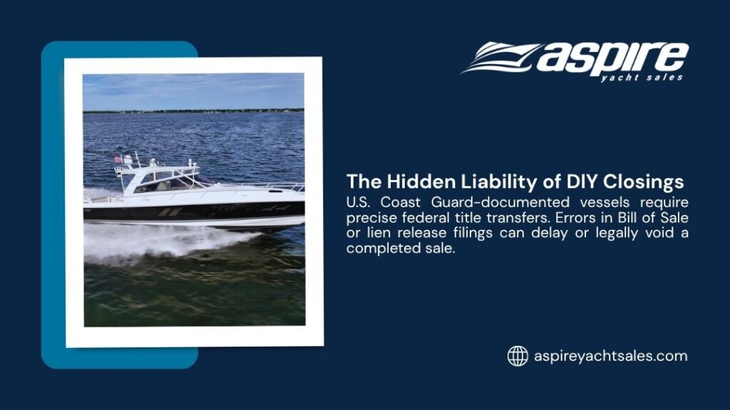 Yacht speeding across open water, highlighting the hidden liability of DIY closings and federal title transfer errors in yacht sales.