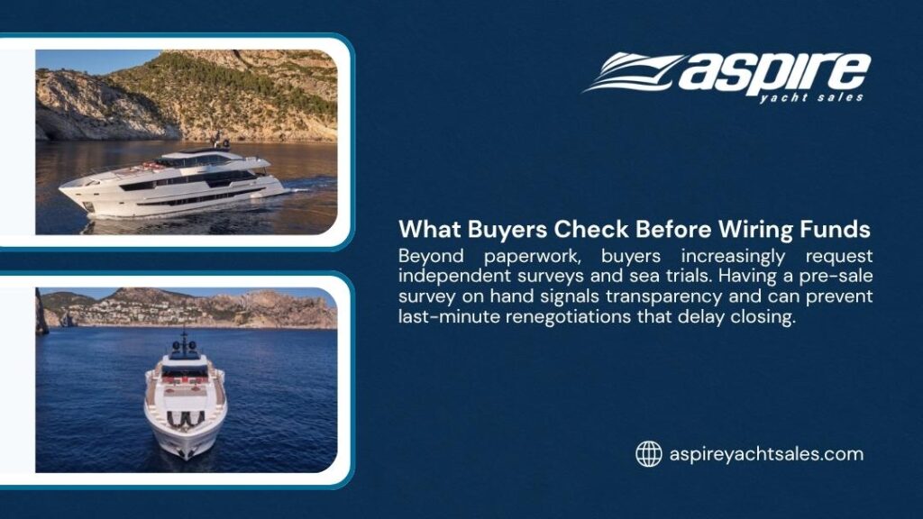 Two scenic views of luxury motor yachts: one docked in a rocky Mediterranean cove with mountains and sunset light, another aerial shot of a white yacht with 'UW' on the bow cruising open blue water.